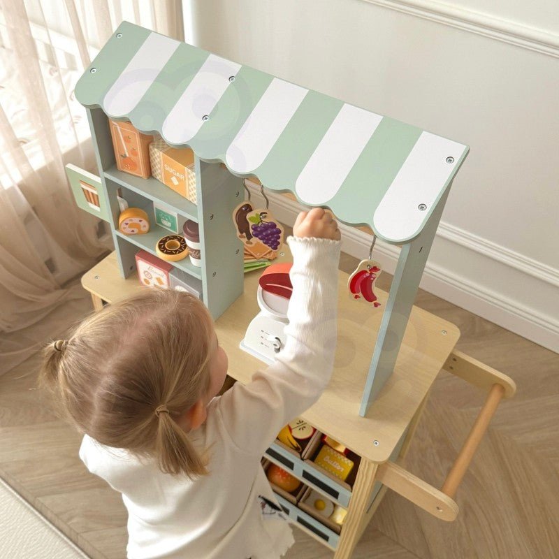 Kids Wooden Market Stall & Kitchen Shop Play Set (3-in-1) - Tiny Tugz™