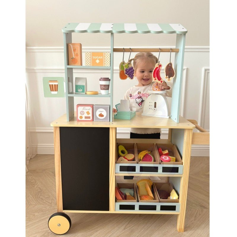 Kids Wooden Market Stall & Kitchen Shop Play Set (3-in-1) - Tiny Tugz™