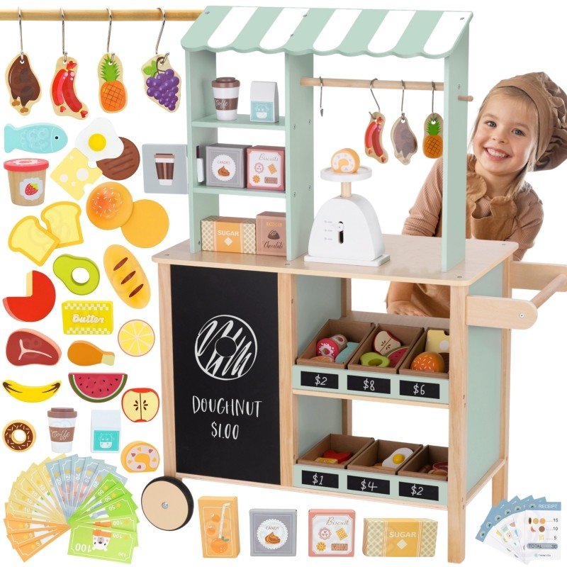 Kids Wooden Market Stall & Kitchen Shop Play Set (3-in-1) - Tiny Tugz™