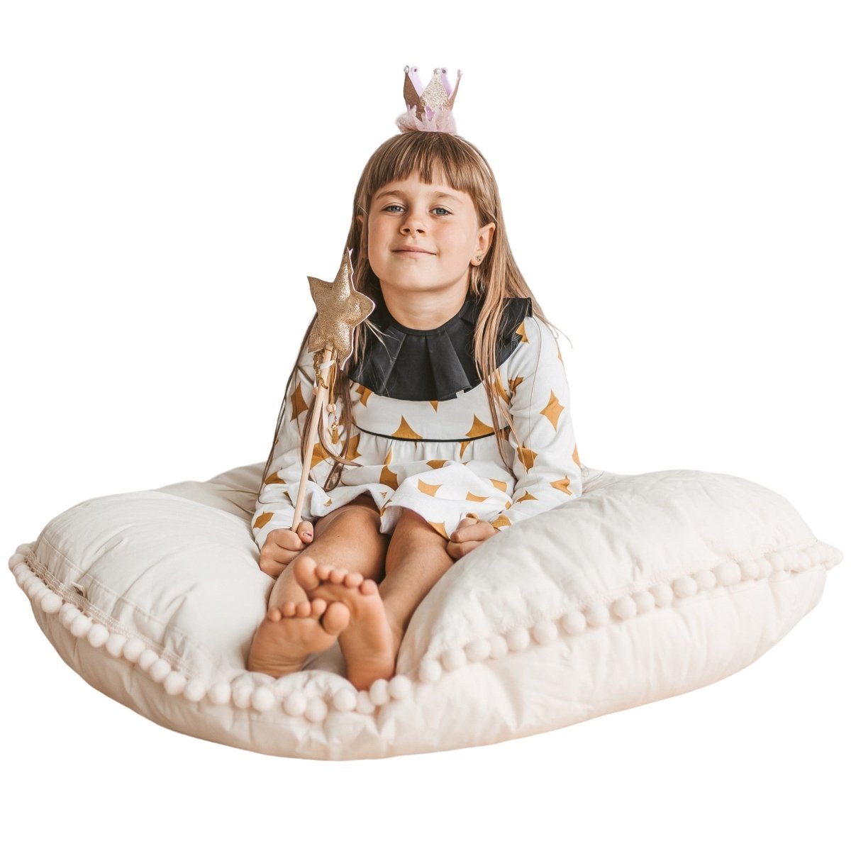Large Kids Floor Cushion with Pompoms - Ecru - Round, 100 cm - Tiny Tugz™