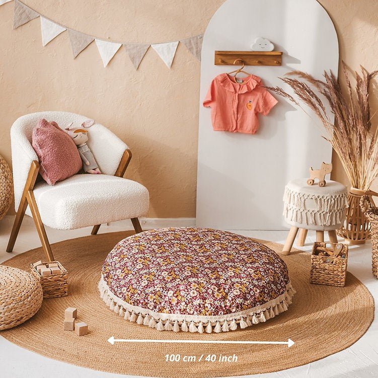 Large Kids Floor Cushion with Tassels - Burgundy Floral - Round, 100 cm - Tiny Tugz™