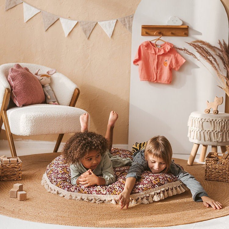 Large Kids Floor Cushion with Tassels - Burgundy Floral - Round, 100 cm - Tiny Tugz™