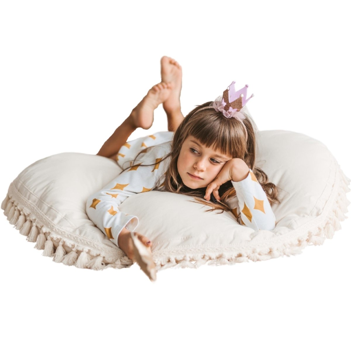 Large Kids Floor Cushion with Tassels - Ecru - Round, 100 cm - Tiny Tugz™