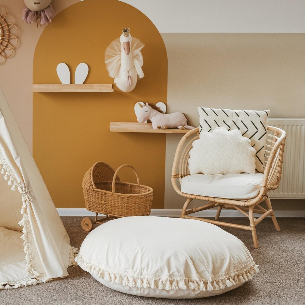 Large Kids Floor Cushion with Tassels - Ecru - Round, 100 cm - Tiny Tugz™