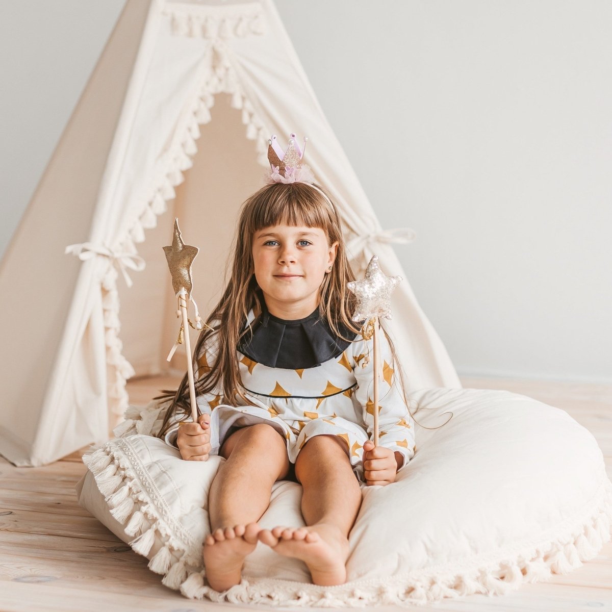 Large Kids Floor Cushion with Tassels - Ecru - Round, 100 cm - Tiny Tugz™