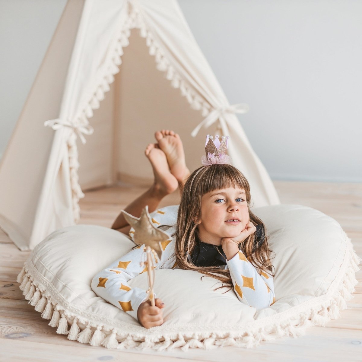 Large Kids Floor Cushion with Tassels - Ecru - Round, 100 cm - Tiny Tugz™