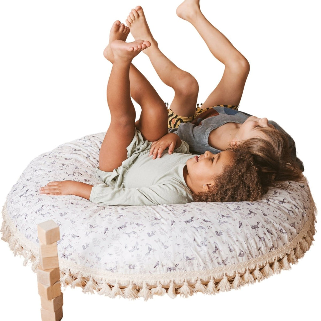 Large Kids Floor Cushion with Tassels - Forest Animal - Round, 100 cm - Tiny Tugz™