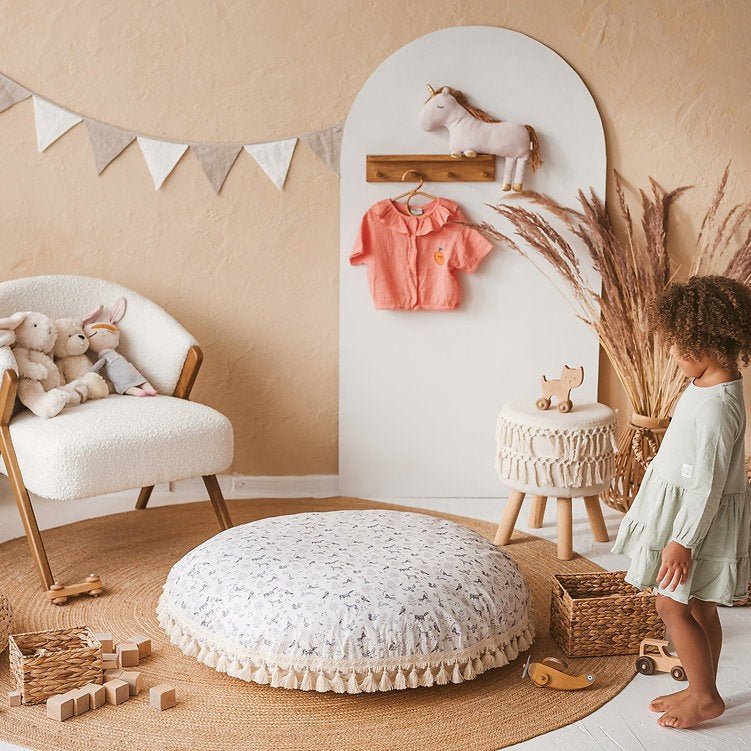 Large Kids Floor Cushion with Tassels - Forest Animal - Round, 100 cm - Tiny Tugz™