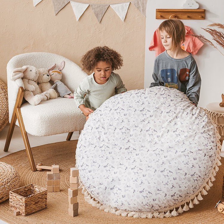 Large Kids Floor Cushion with Tassels - Forest Animal - Round, 100 cm - Tiny Tugz™