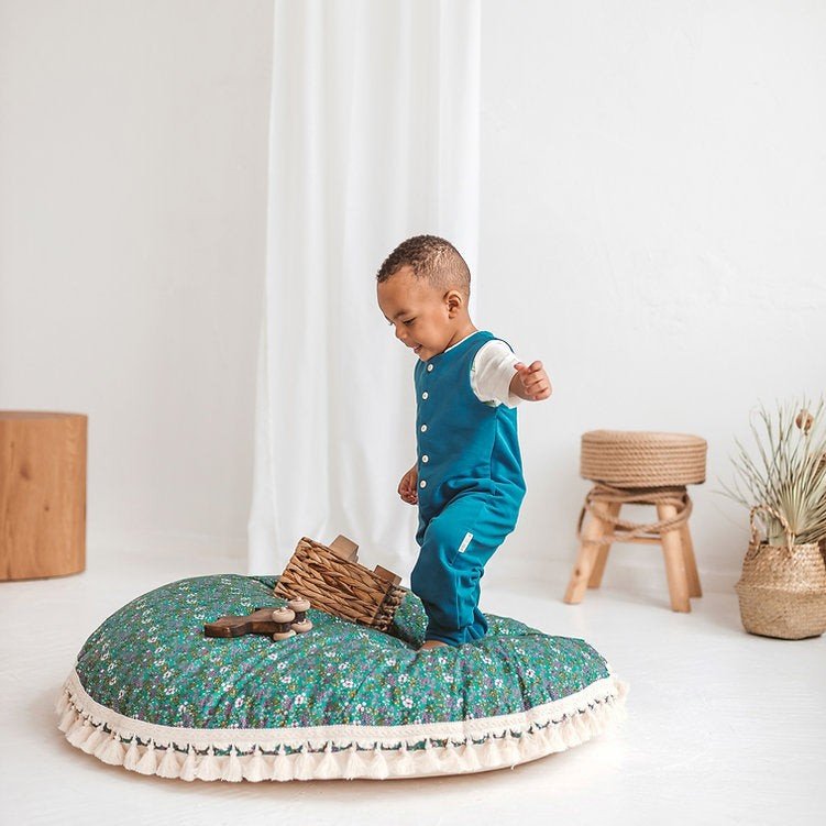 Large Kids Floor Cushion with Tassels - Green Floral - Round, 100 cm - Tiny Tugz™