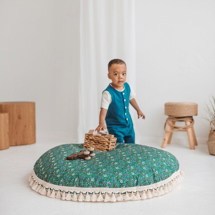 Large Kids Floor Cushion with Tassels - Green Floral - Round, 100 cm - Tiny Tugz™