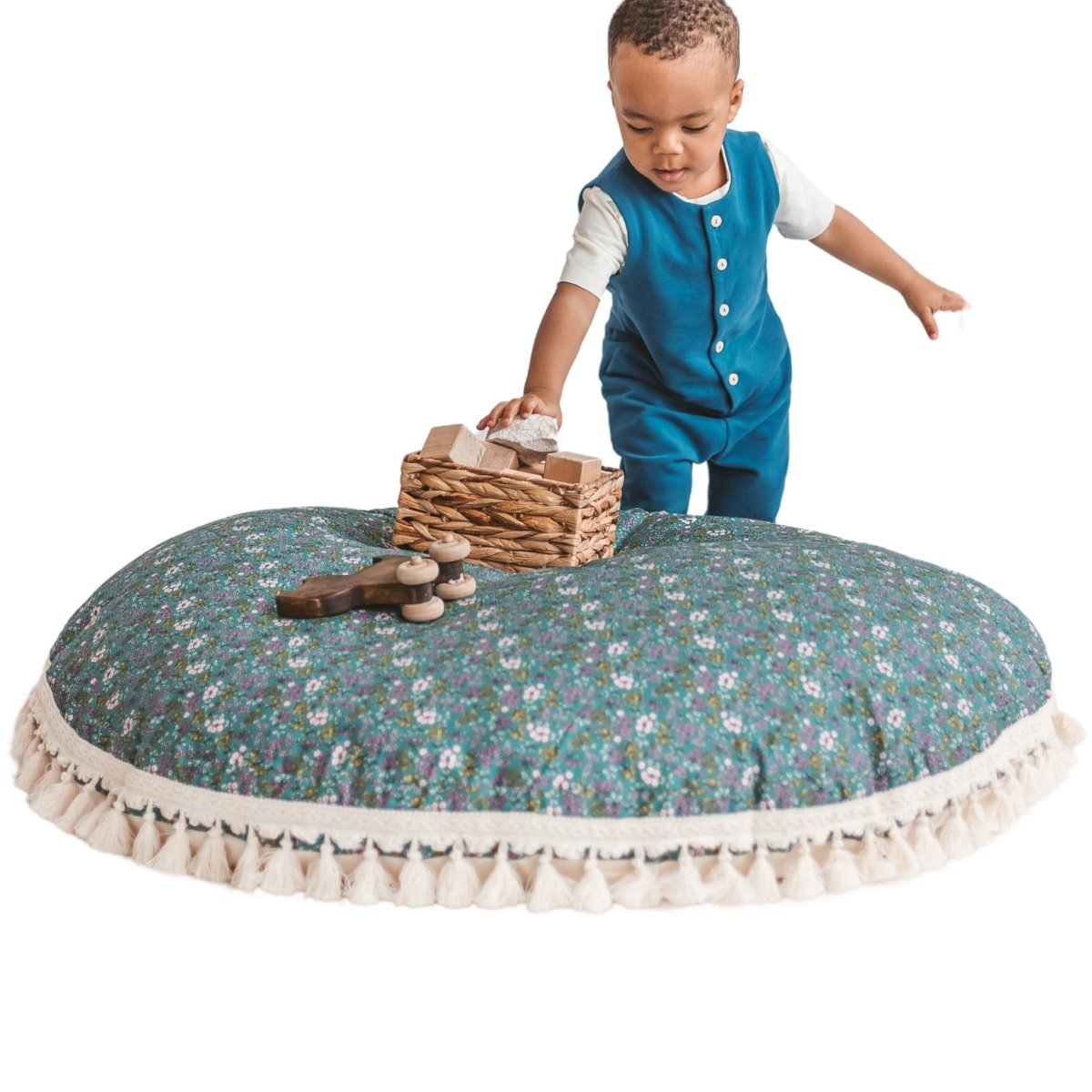 Large Kids Floor Cushion with Tassels - Green Floral - Round, 100 cm - Tiny Tugz™