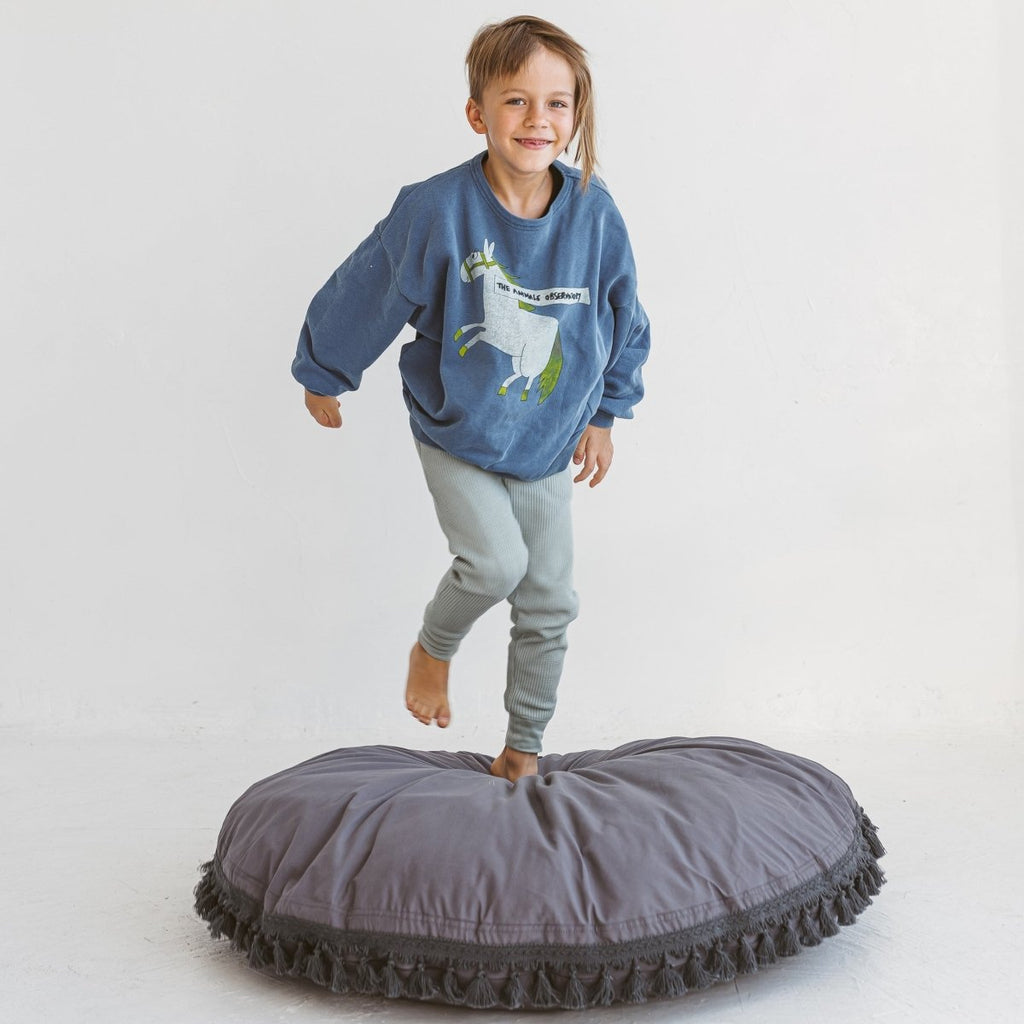 Large Kids Floor Cushion with Tassels - Grey - Round, 100 cm - Tiny Tugz™
