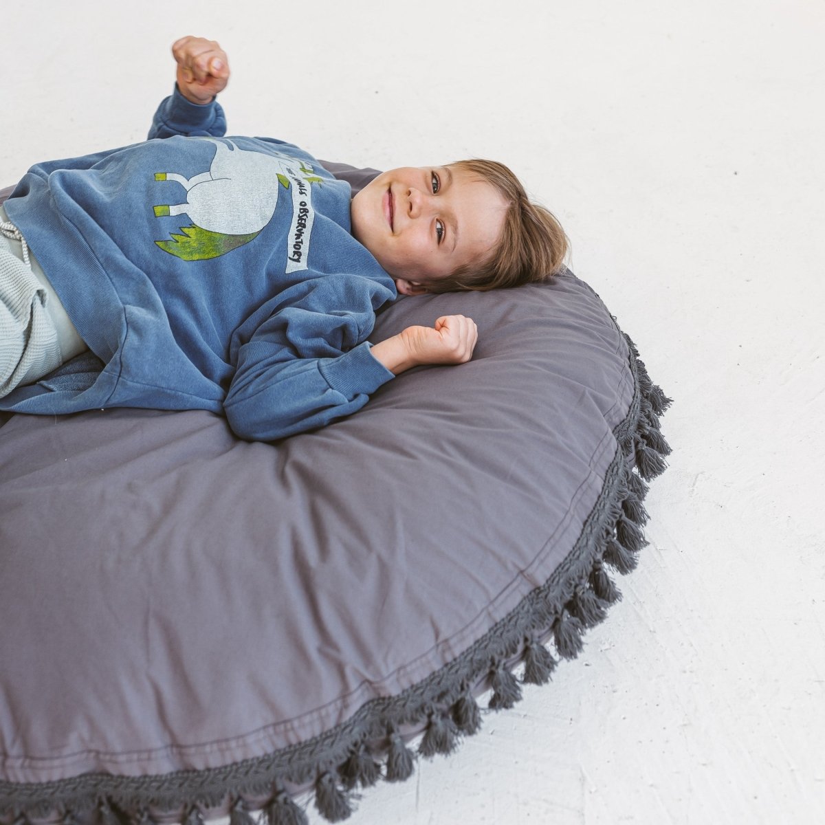 Large Kids Floor Cushion with Tassels - Grey - Round, 100 cm - Tiny Tugz™