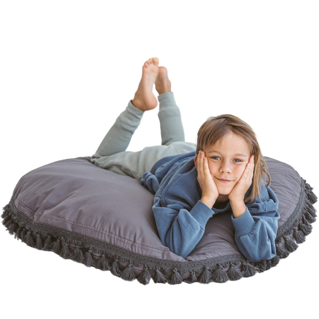 Large Kids Floor Cushion with Tassels - Grey - Round, 100 cm - Tiny Tugz™