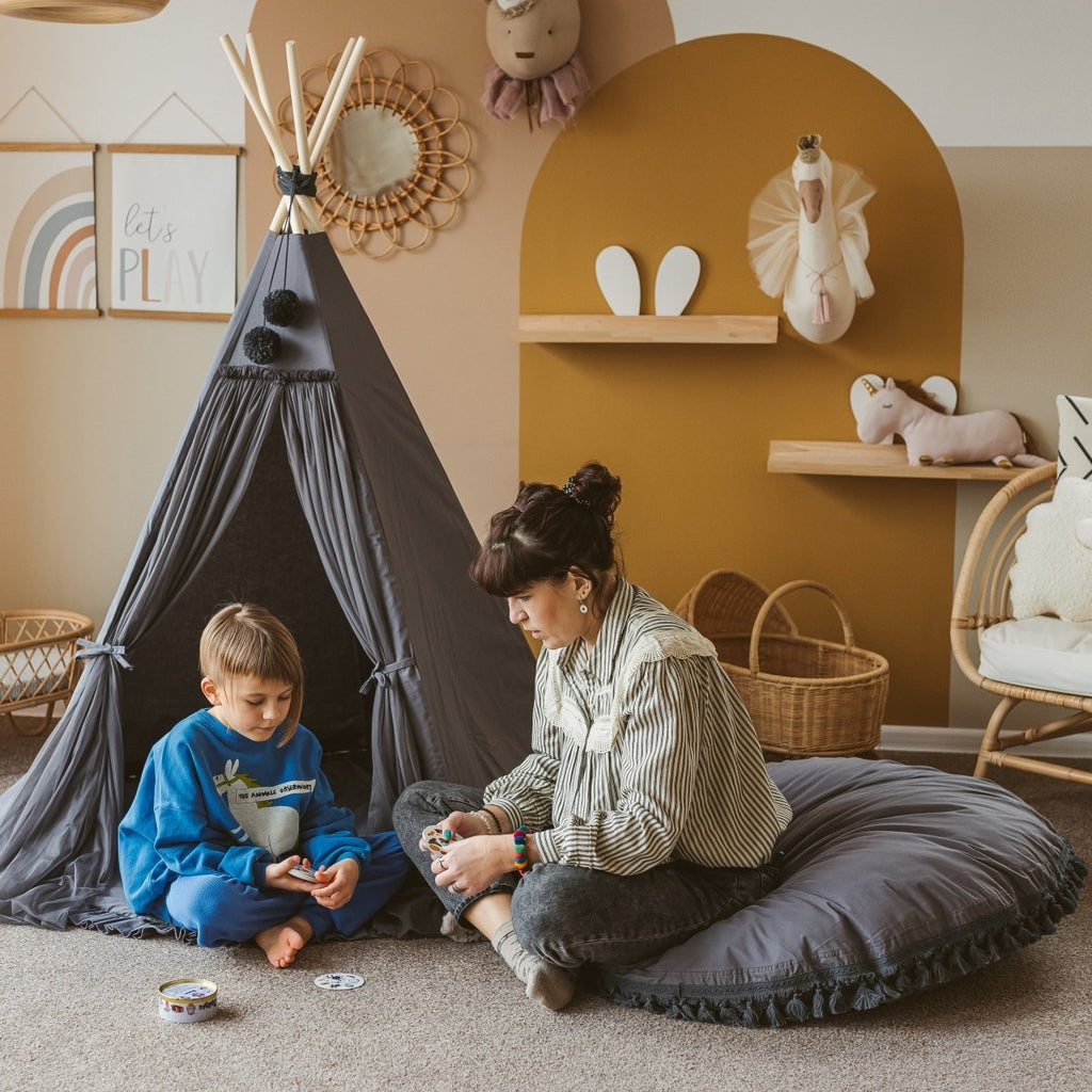 Large Kids Floor Cushion with Tassels - Grey - Round, 100 cm - Tiny Tugz™