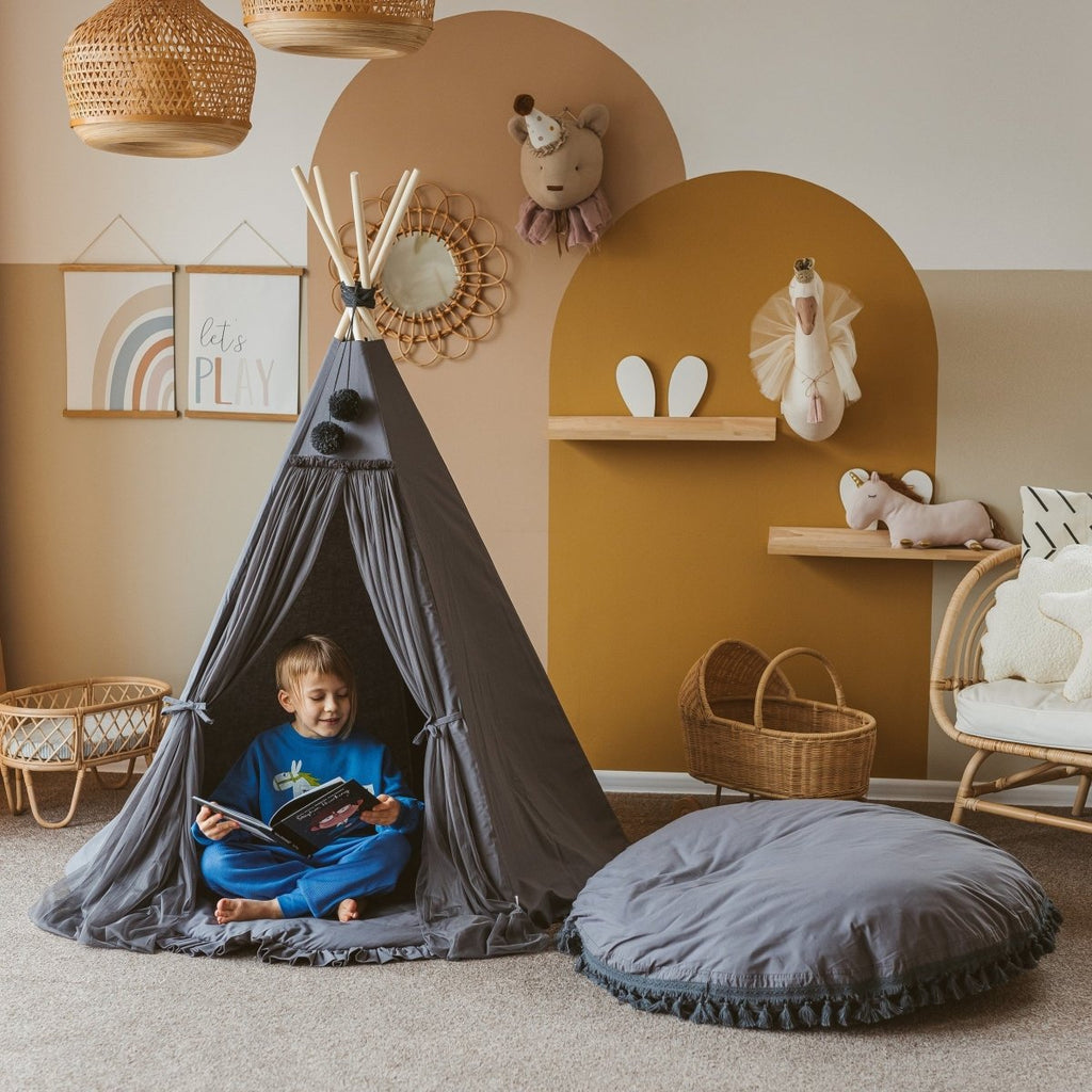 Large Kids Floor Cushion with Tassels - Grey - Round, 100 cm - Tiny Tugz™