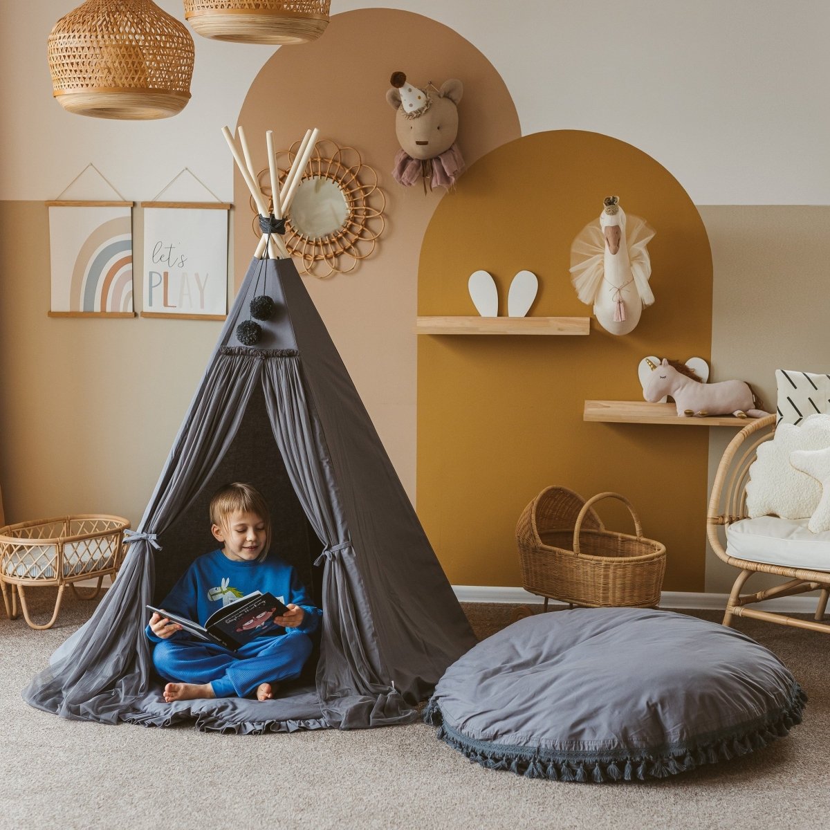 Large Kids Floor Cushion with Tassels - Grey - Round, 100 cm - Tiny Tugz™