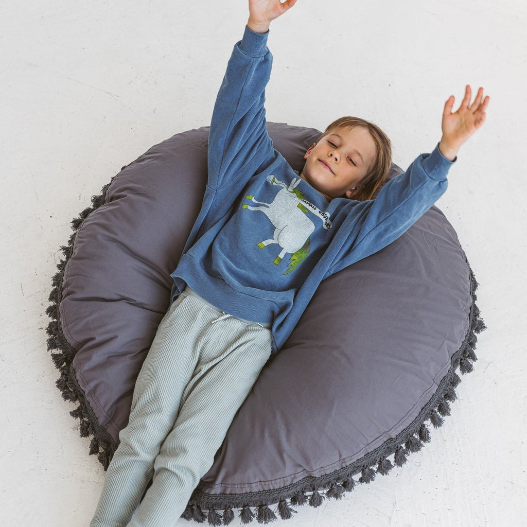 Large Kids Floor Cushion with Tassels - Grey - Round, 100 cm - Tiny Tugz™