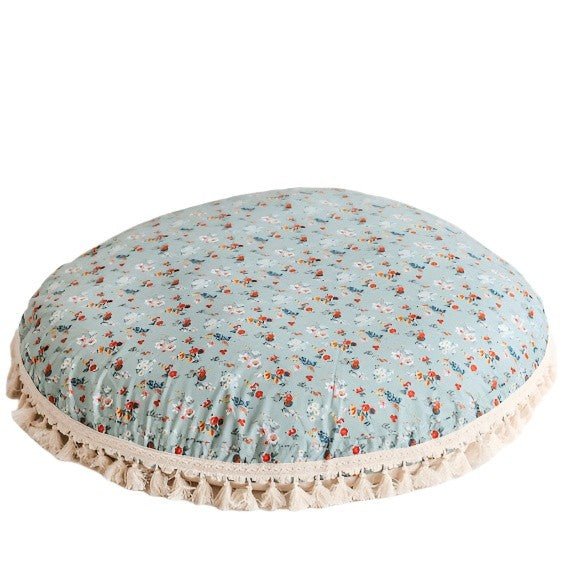 Large Kids Floor Cushion with Tassels - Mint Floral - Round, 100 cm - Tiny Tugz™