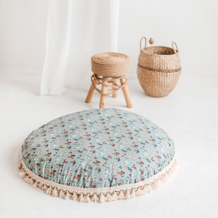 Large Kids Floor Cushion with Tassels - Mint Floral - Round, 100 cm - Tiny Tugz™