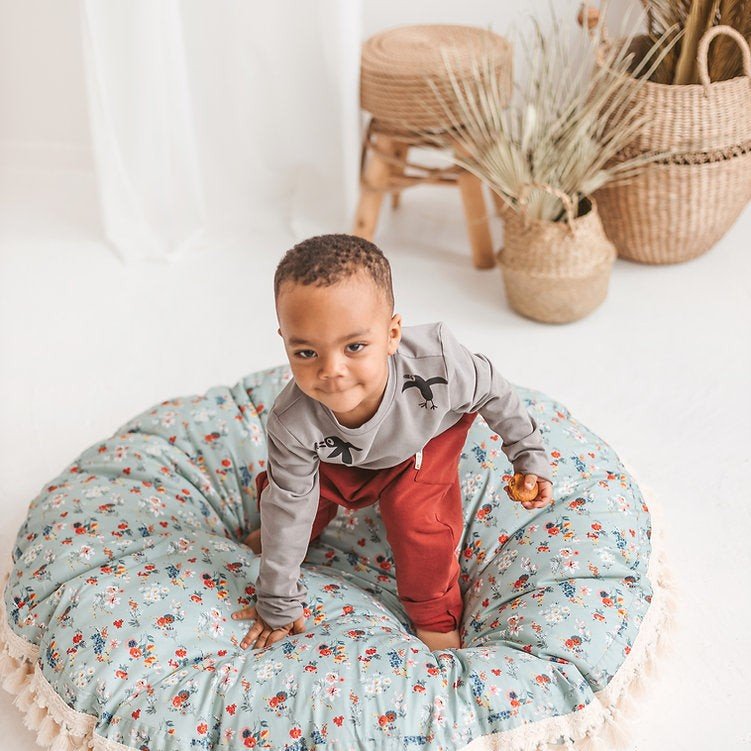 Large Kids Floor Cushion with Tassels - Mint Floral - Round, 100 cm - Tiny Tugz™