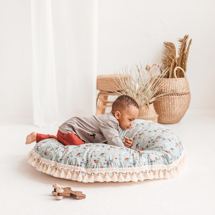 Large Kids Floor Cushion with Tassels - Mint Floral - Round, 100 cm - Tiny Tugz™