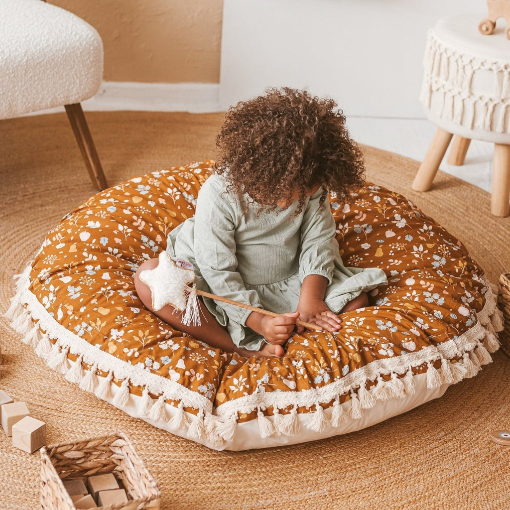 Large Kids Floor Cushion with Tassels - Plant Pattern - Round, 100 cm - Tiny Tugz™