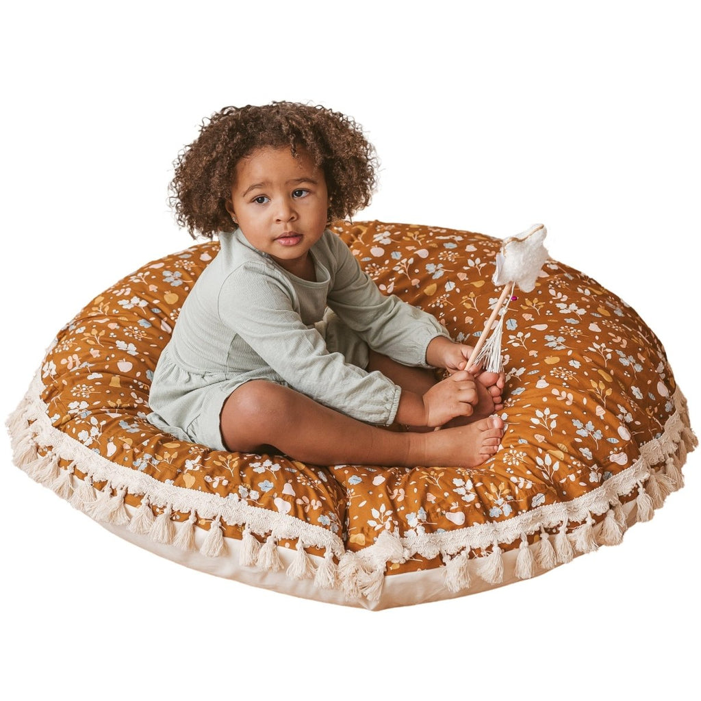Large Kids Floor Cushion with Tassels - Plant Pattern - Round, 100 cm - Tiny Tugz™