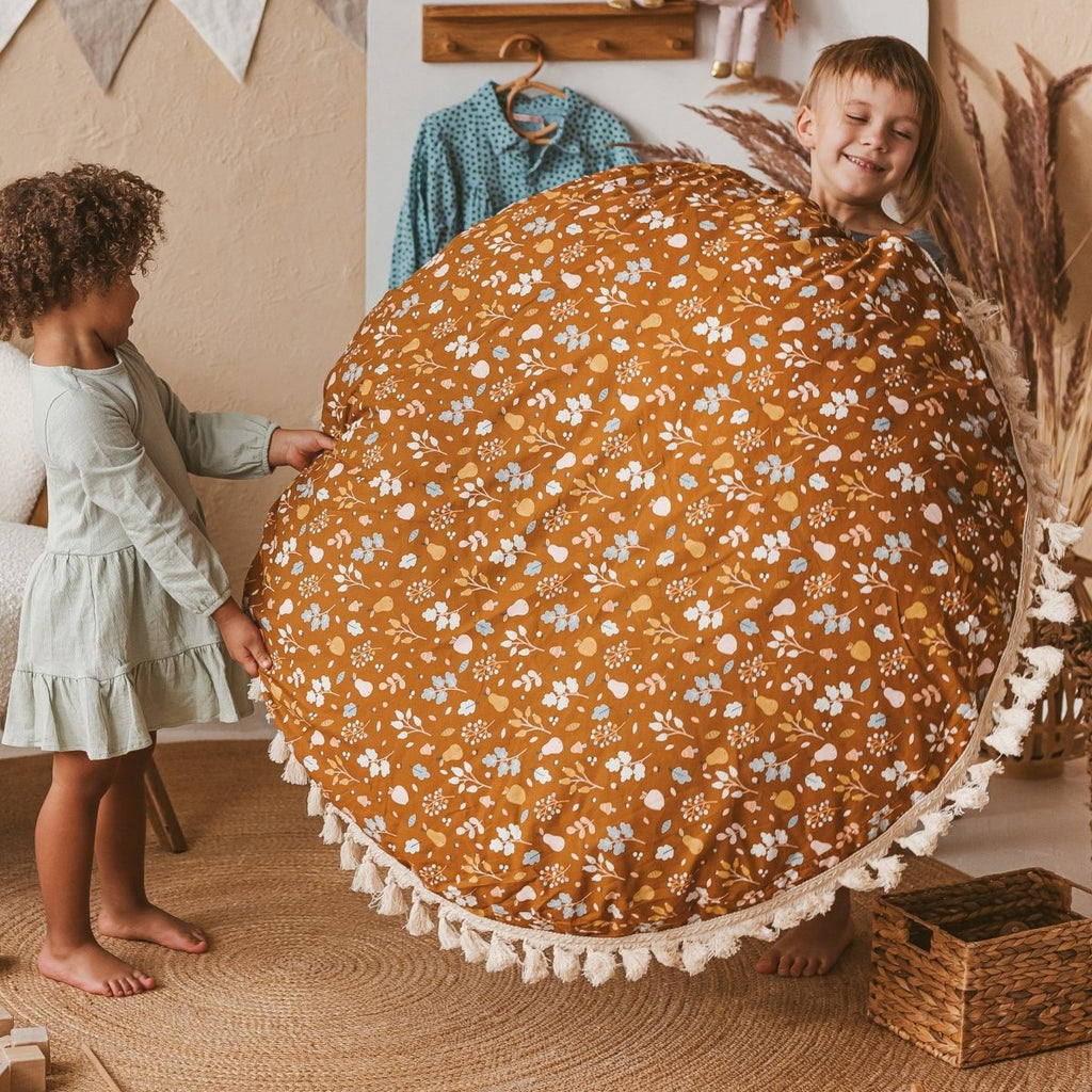 Large Kids Floor Cushion with Tassels - Plant Pattern - Round, 100 cm - Tiny Tugz™