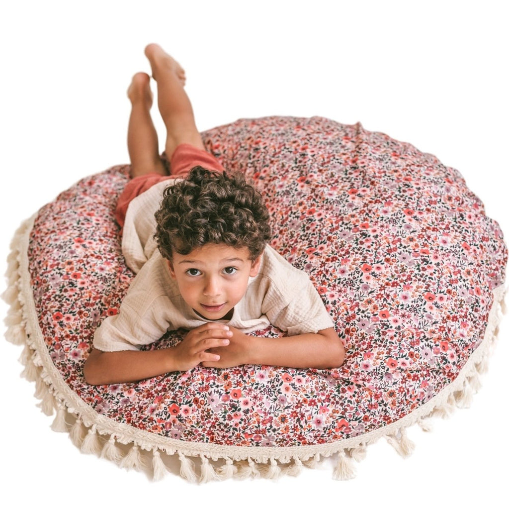 Large Kids Floor Cushion with Tassels - Rose Floral - Round, 100 cm - Tiny Tugz™