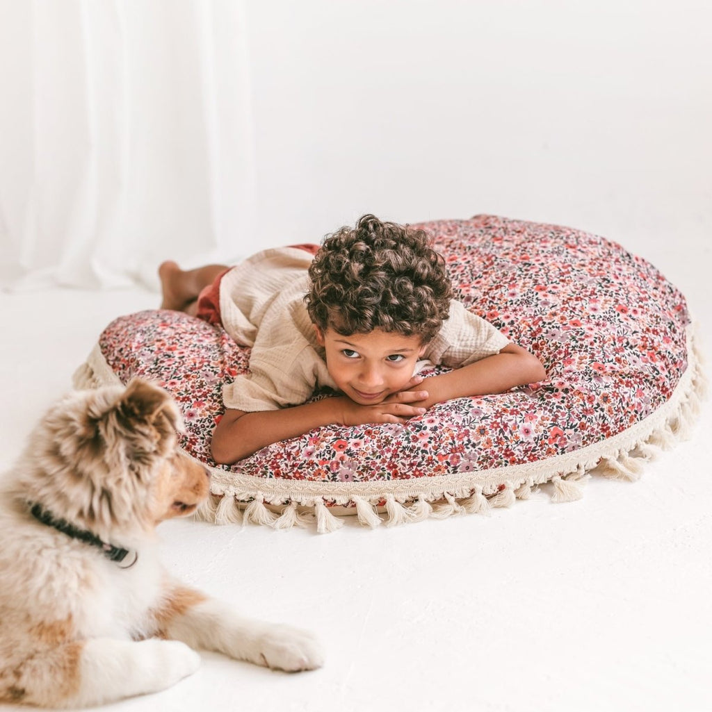 Large Kids Floor Cushion with Tassels - Rose Floral - Round, 100 cm - Tiny Tugz™