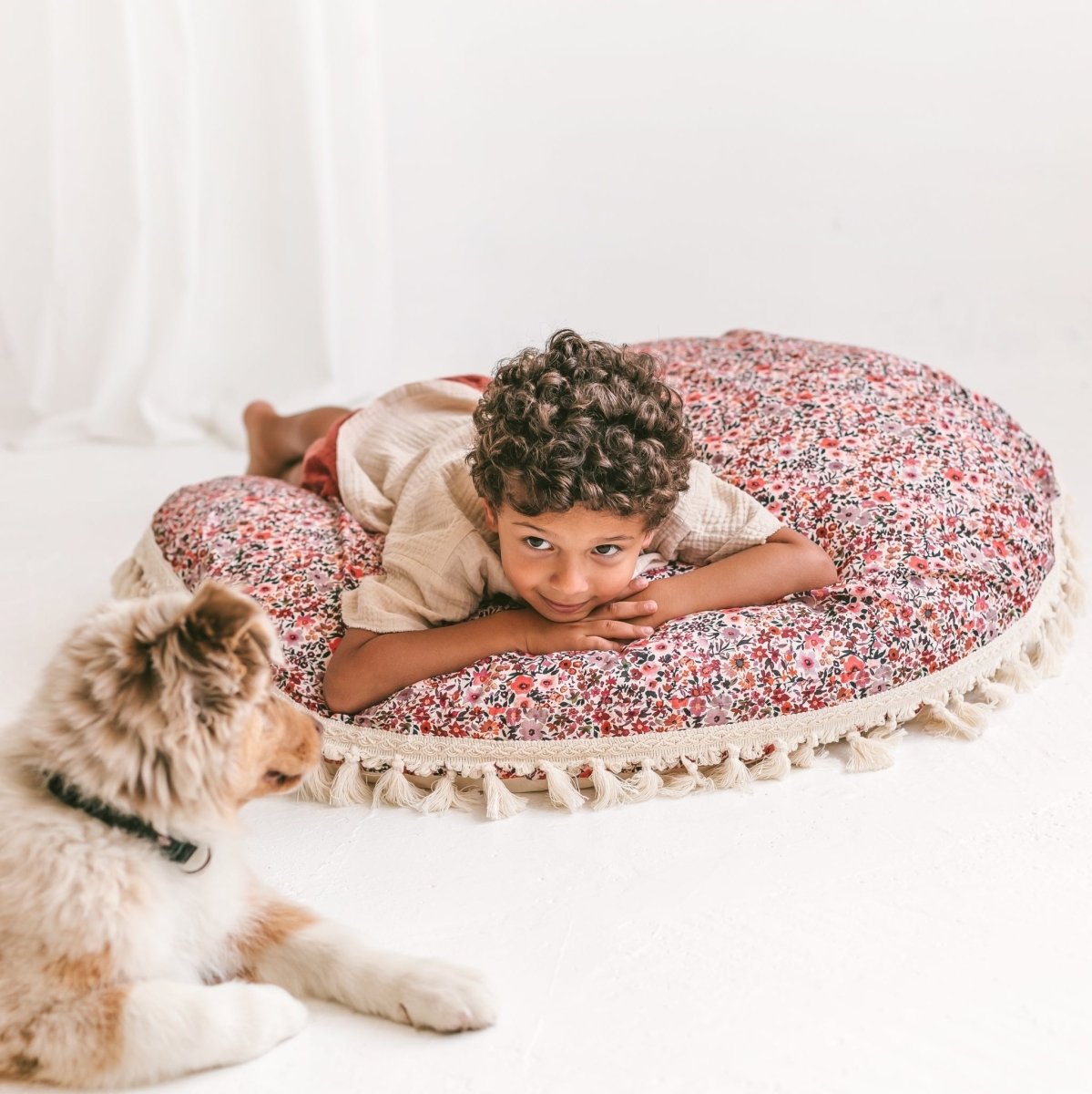 Large Kids Floor Cushion with Tassels - Rose Floral - Round, 100 cm - Tiny Tugz™