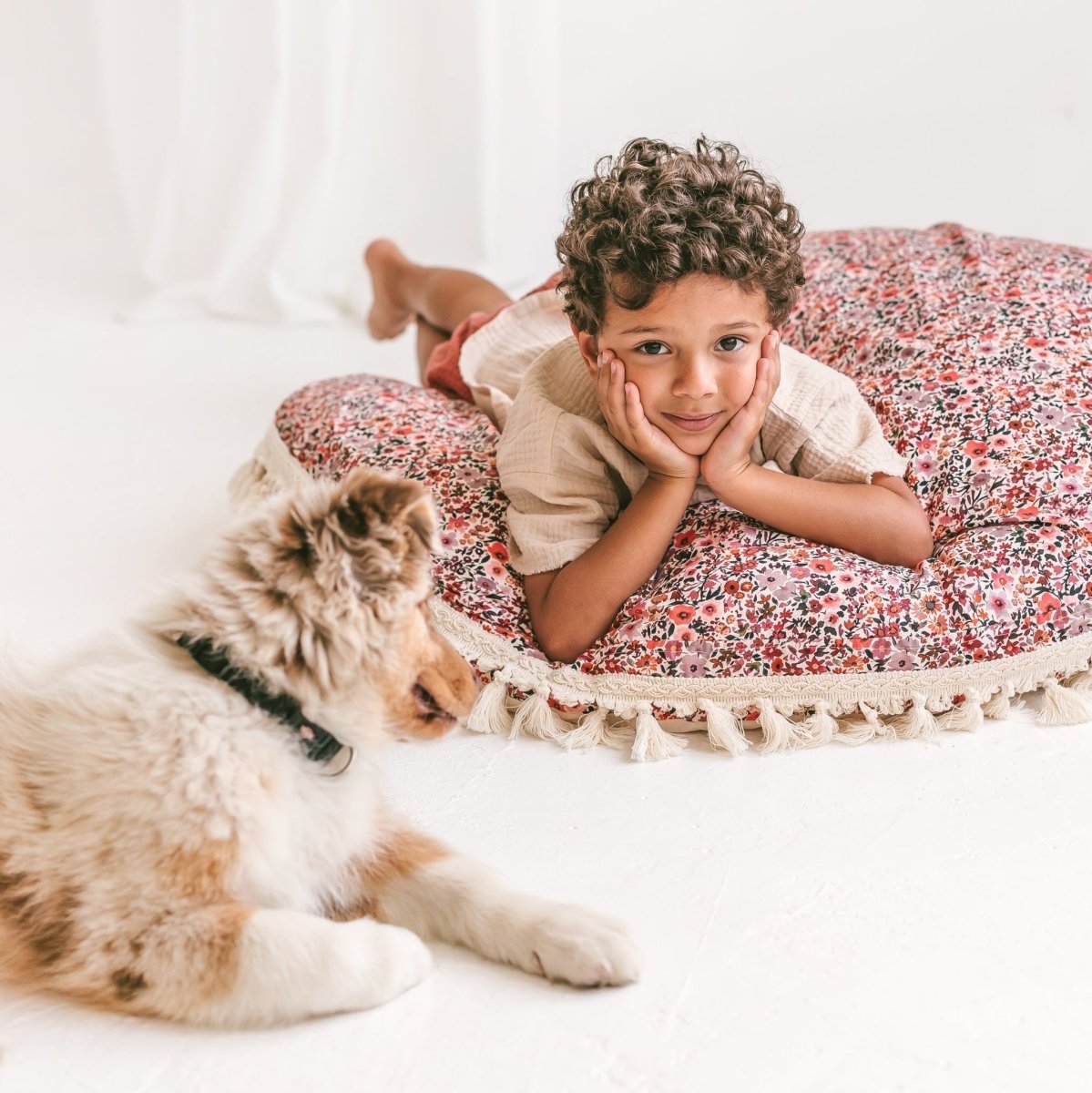 Large Kids Floor Cushion with Tassels - Rose Floral - Round, 100 cm - Tiny Tugz™