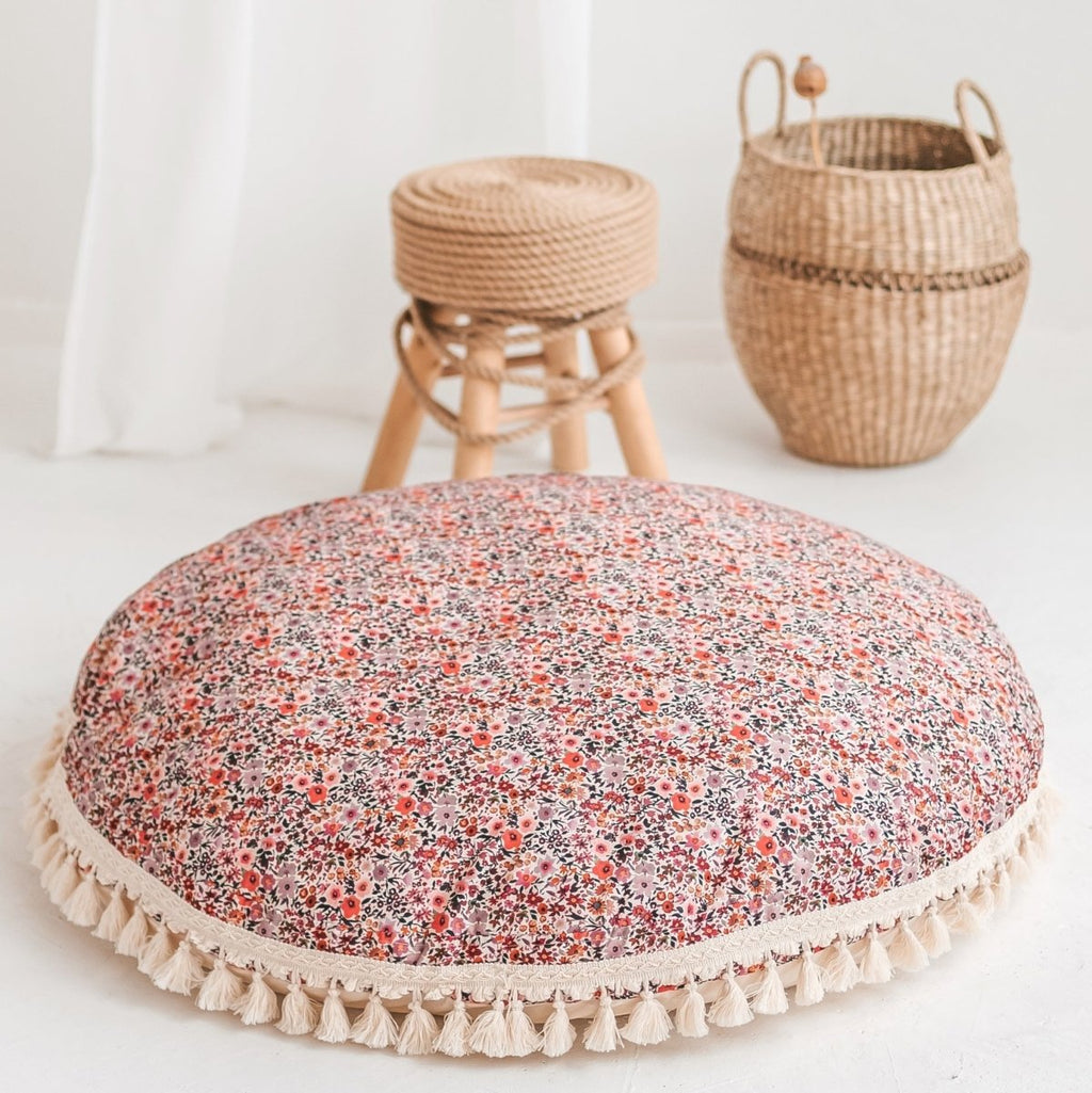 Large Kids Floor Cushion with Tassels - Rose Floral - Round, 100 cm - Tiny Tugz™