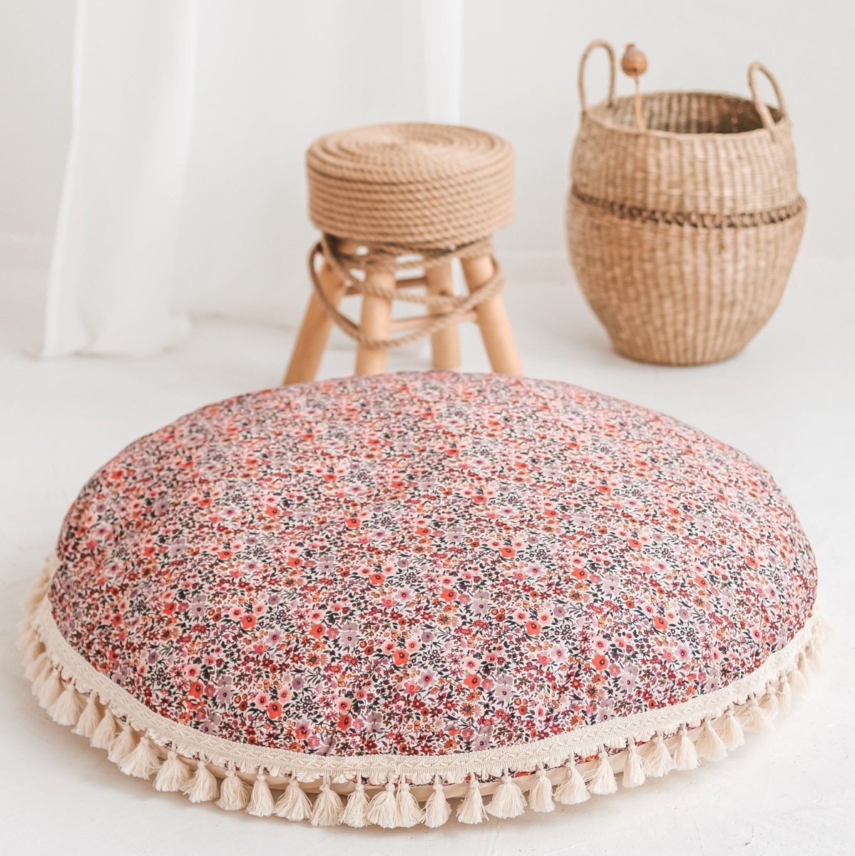 Large Kids Floor Cushion with Tassels - Rose Floral - Round, 100 cm - Tiny Tugz™