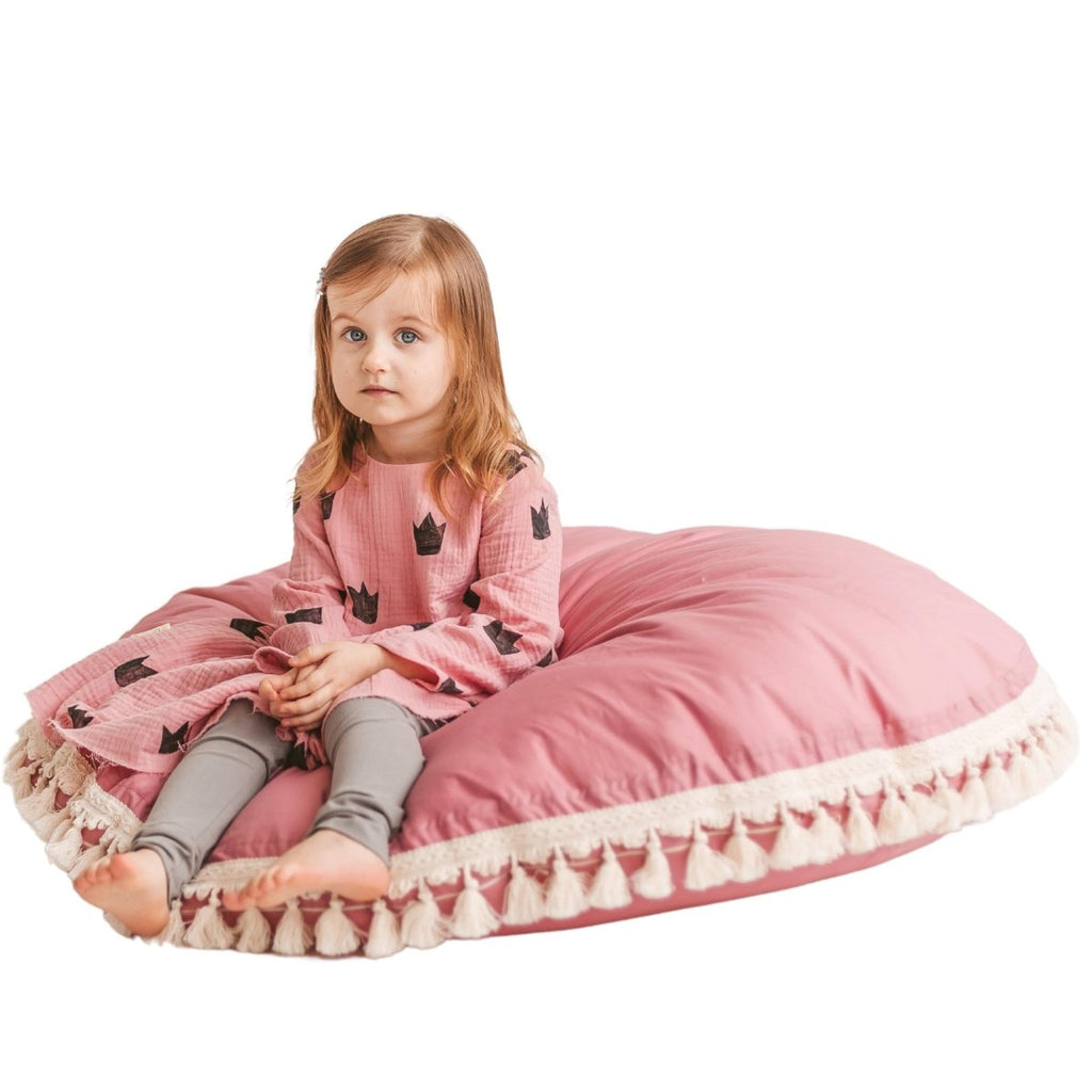 Large Kids Floor Cushion with Tassels - Rose - Round, 100 cm - Tiny Tugz™
