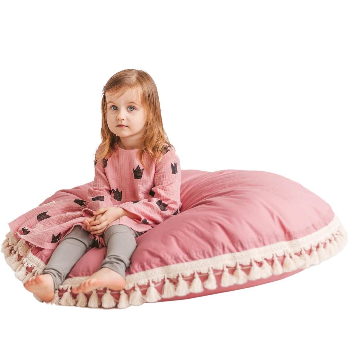 Large Kids Floor Cushion with Tassels - Rose - Round, 100 cm - Tiny Tugz™