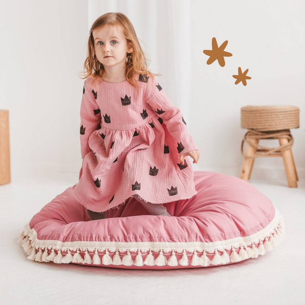 Large Kids Floor Cushion with Tassels - Rose - Round, 100 cm - Tiny Tugz™