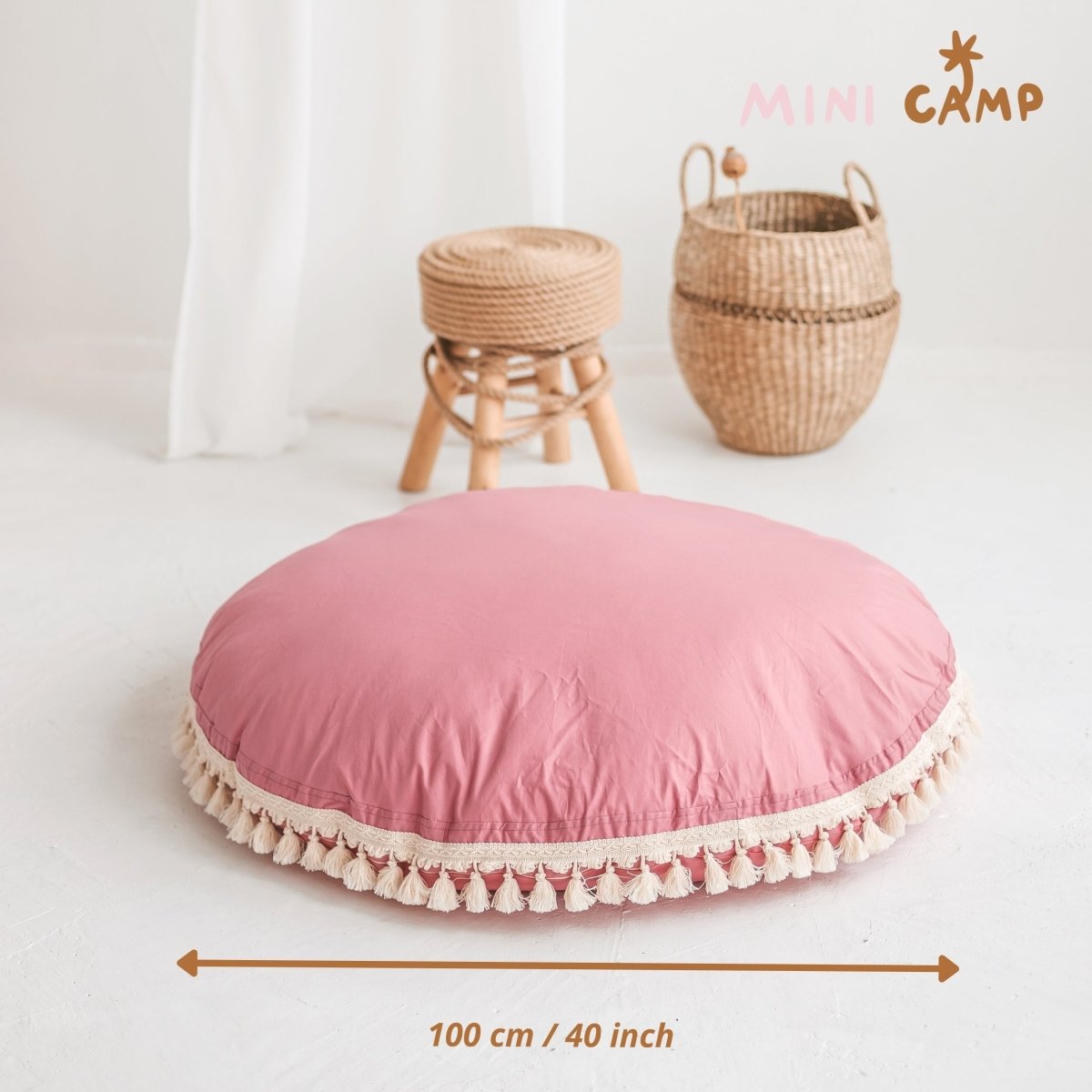 Large Kids Floor Cushion with Tassels - Rose - Round, 100 cm - Tiny Tugz™