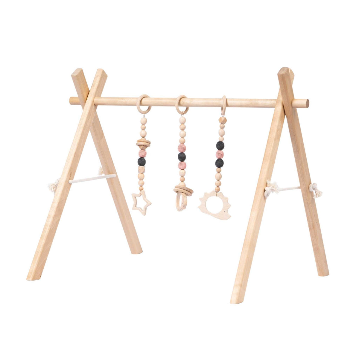 Wooden baby gym play arch with pink toy set, natural wood frame