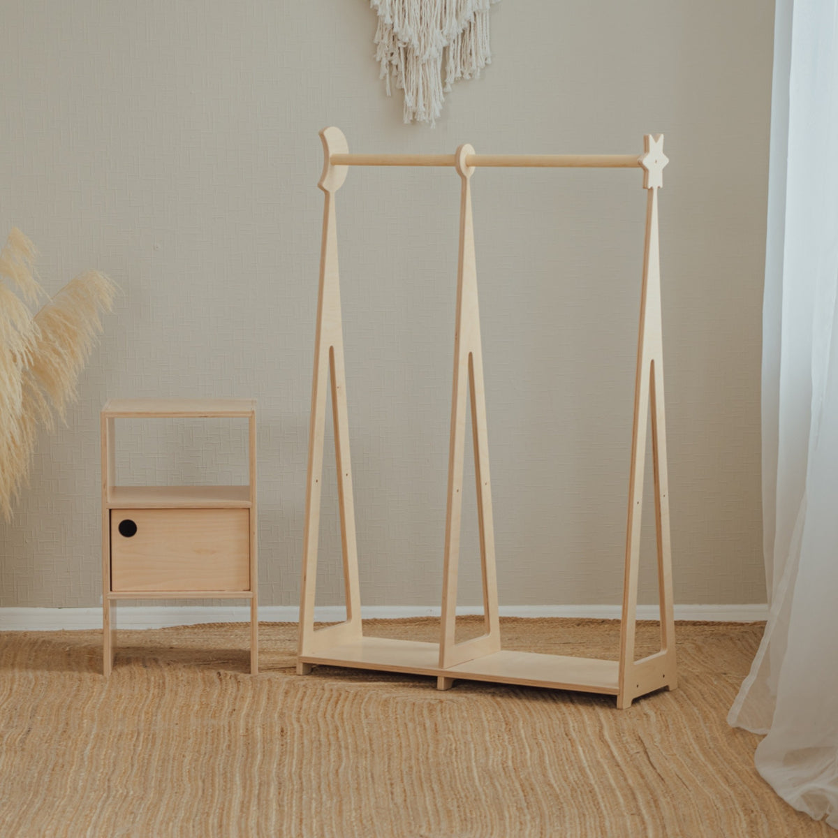 Montessori wardrobe shoe storage detail, natural birch plywood