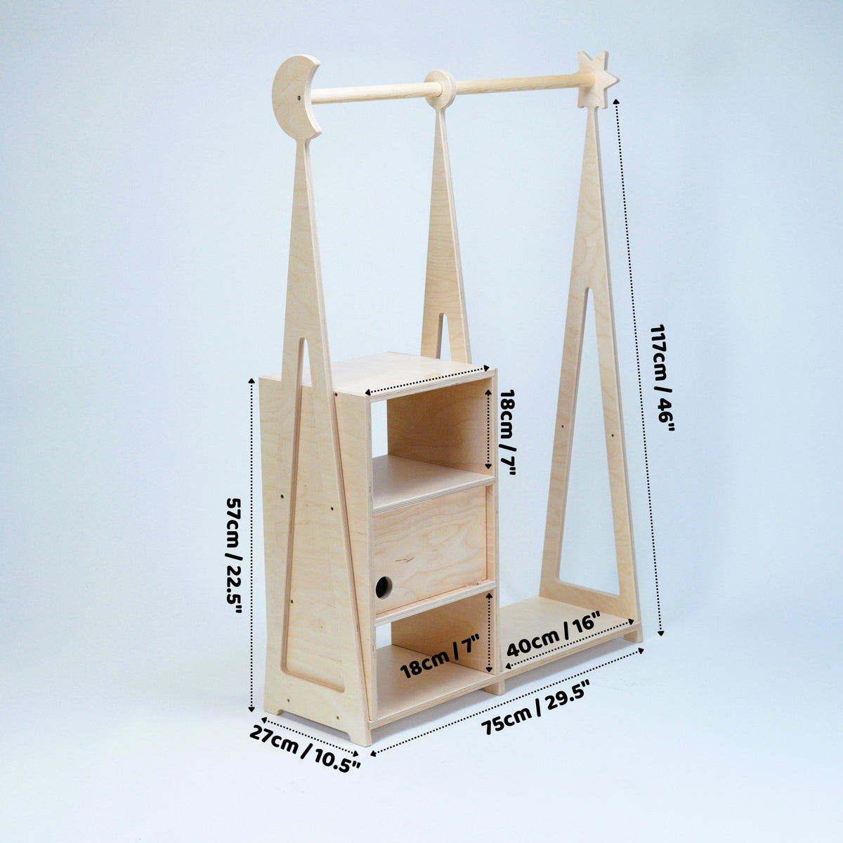 Montessori wardrobe dimensions and shelf height detail