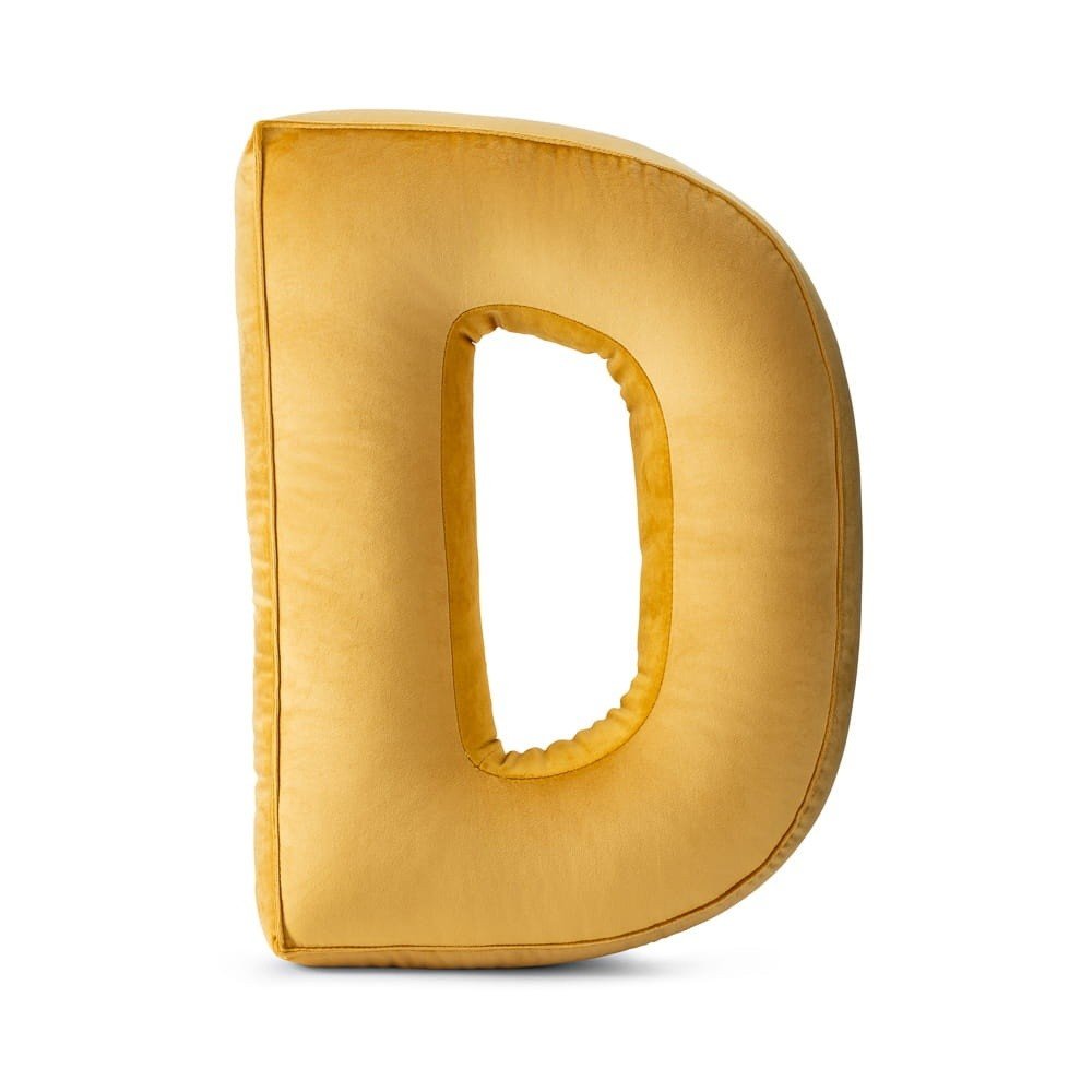 Letter D Velvet Pillow - Decorative Cushion, 30 cm (Yellow) - Tiny Tugz™