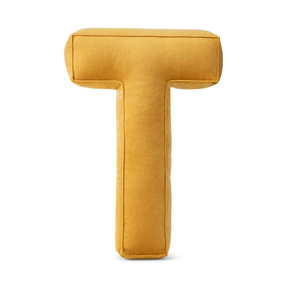 Letter T Velvet Pillow - Decorative Cushion, 30 cm (Yellow) - Tiny Tugz™