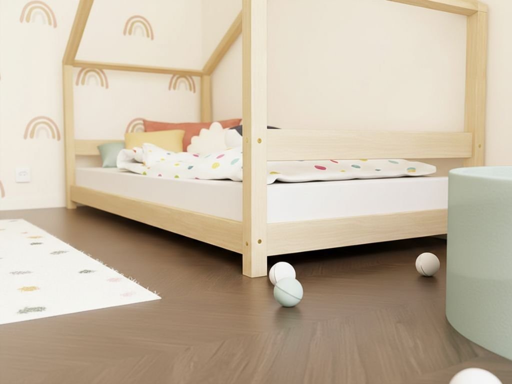 LUCKY Montessori House Bed - Front Roof & Safety Rail - 120/140 cm - Solid Spruce - Tiny Tugz™