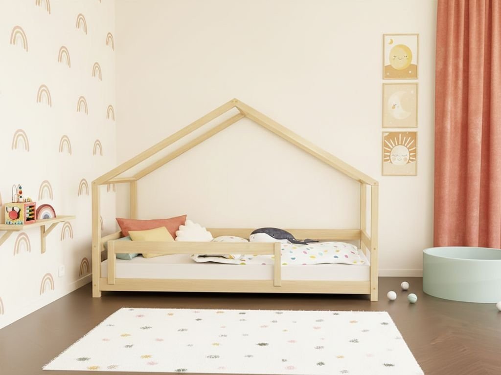 LUCKY Montessori House Bed - Front Roof & Safety Rail - 80/90 cm - Solid Spruce - Tiny Tugz™
