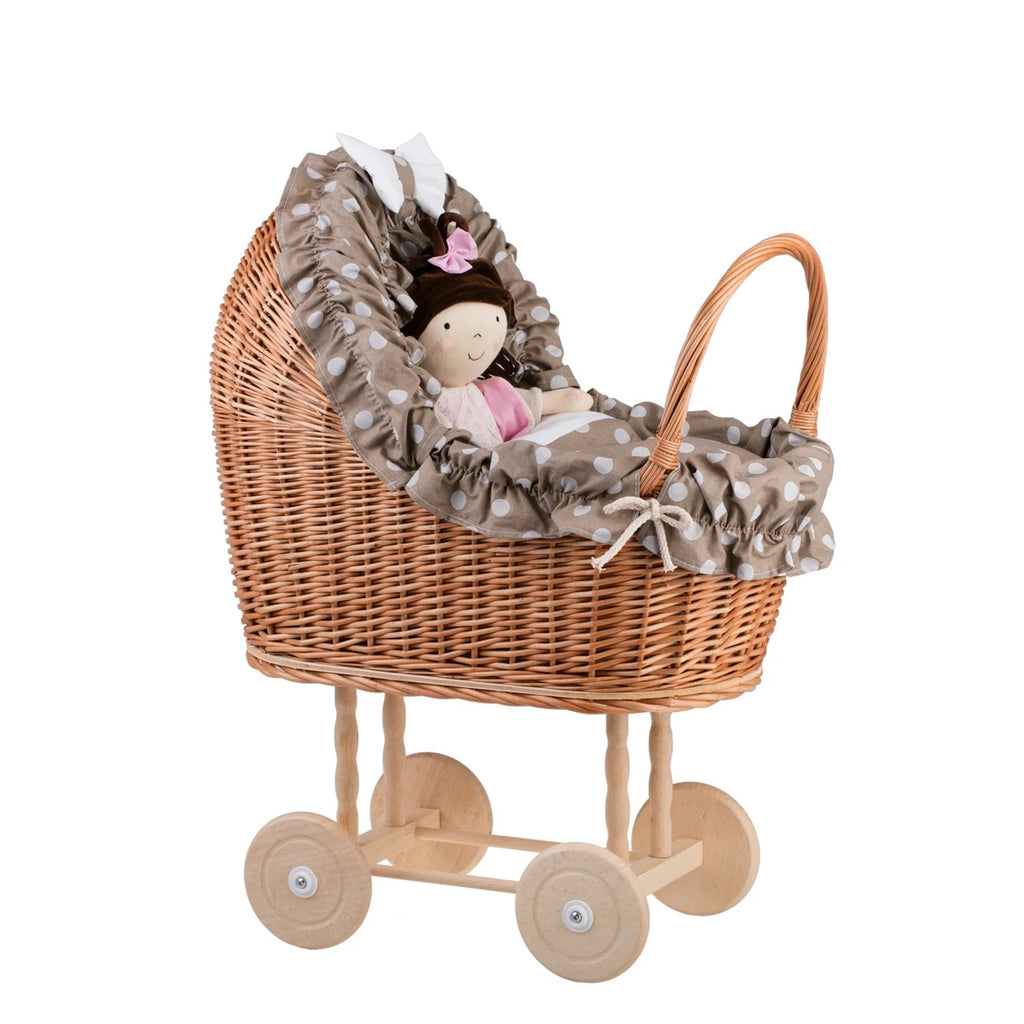 Lulu wicker doll stroller with beige trim, blanket, and pillow - Beige – handwoven Polish wicker pram, made in Poland