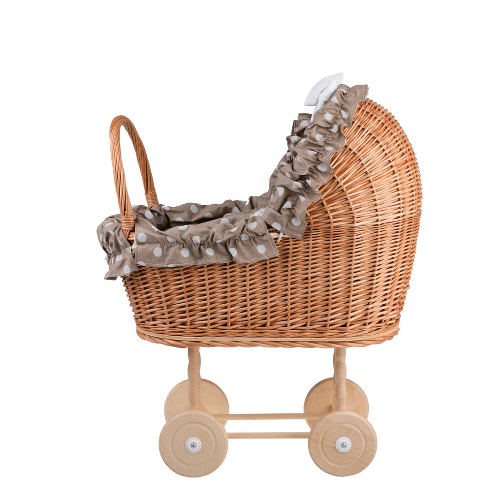 Lulu wicker doll stroller with beige trim, blanket, and pillow - Beige – handwoven Polish wicker pram, made in Poland
