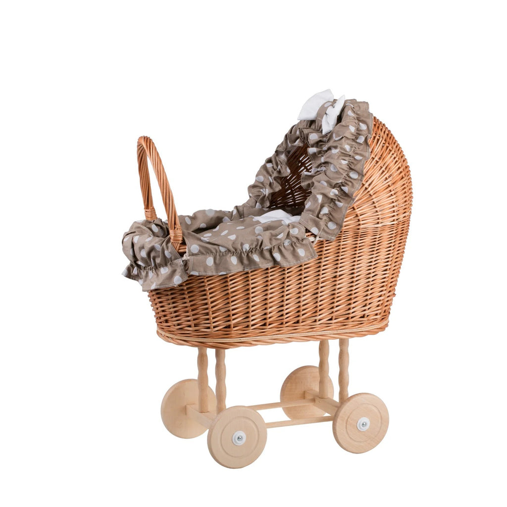 Lulu wicker doll stroller with beige trim, blanket, and pillow - Beige – handwoven Polish wicker pram, made in Poland